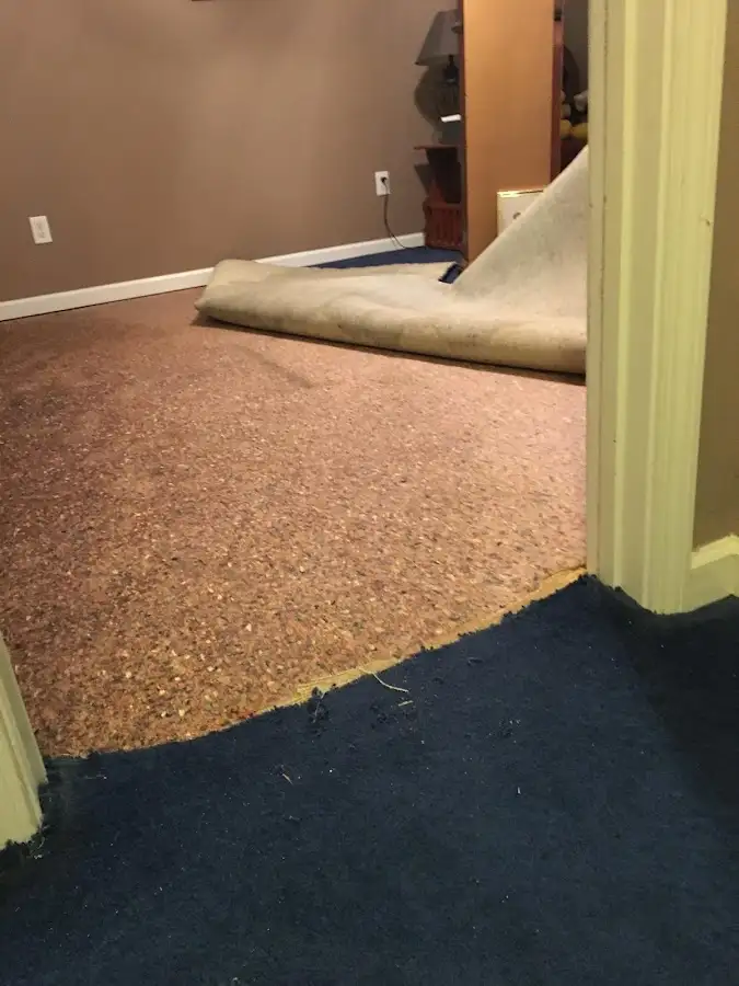 Carpet pad removal revealing water damage during Water Mitigation Services in Keystone